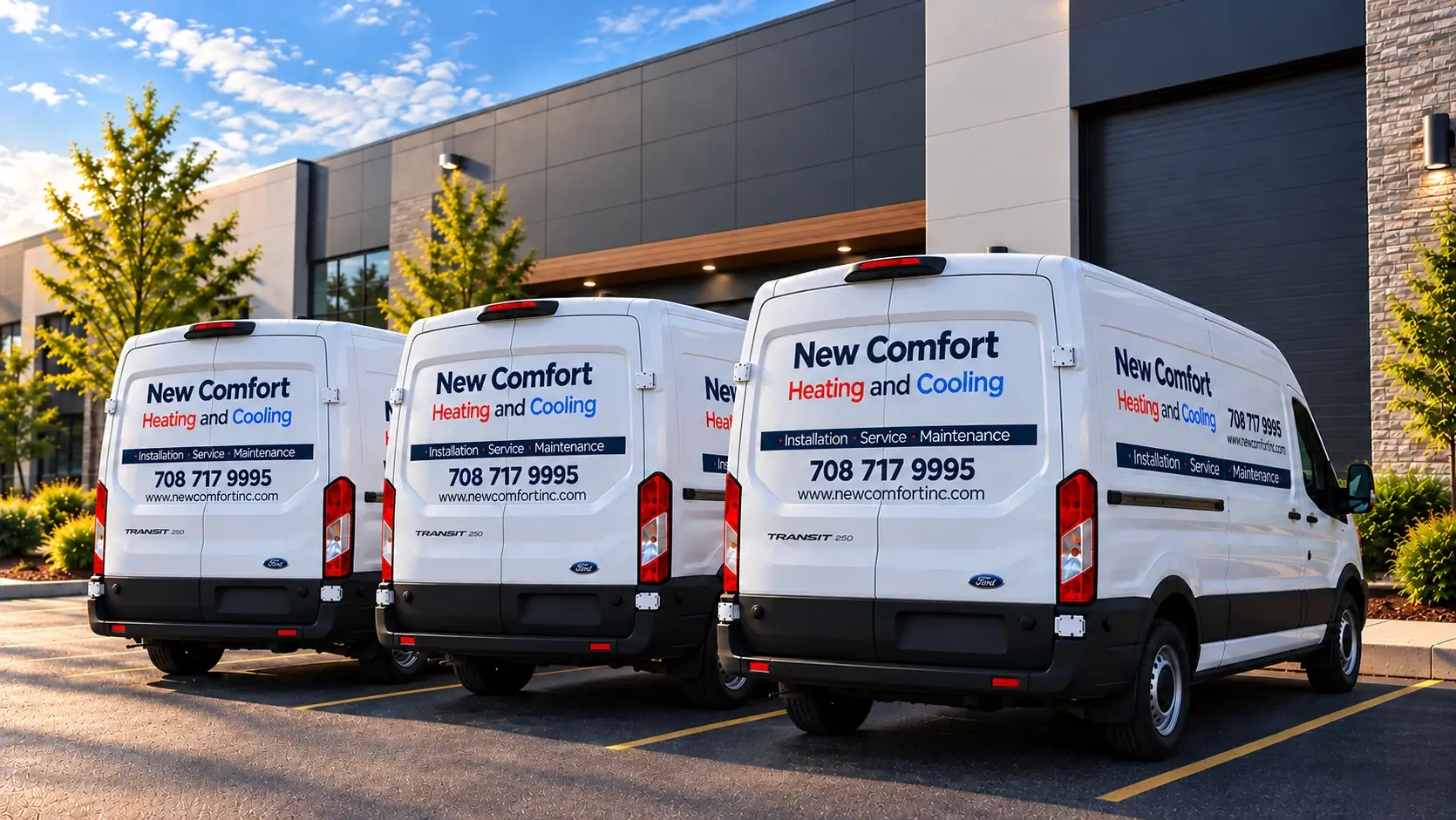 Three New Comfort Heating and Cooling service vans parked outside the shop