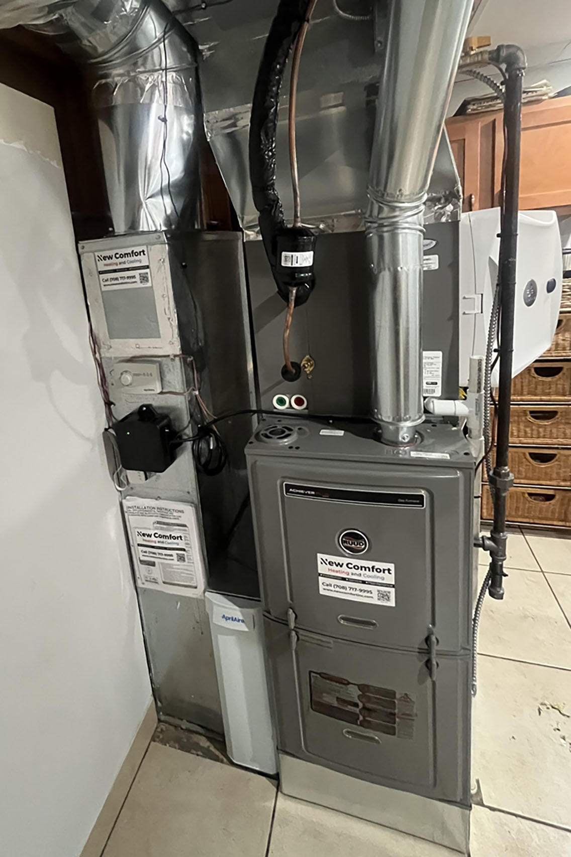 Newly installed high-efficiency gas furnace with new supply plenum and venting - furnace repair and replacement for Lemont homes